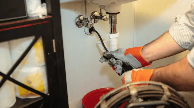 Drain cleaning technician using a motorized plumbing snake to clear a clogged sink pipe in Raleigh, NC